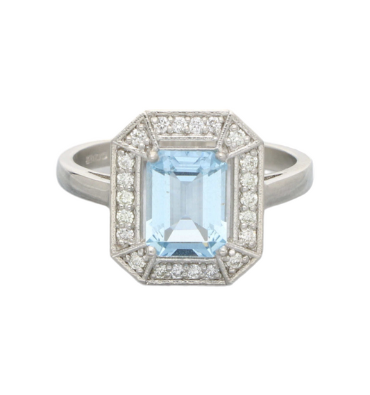 Platinum Art Deco style aquamarine and diamond cluster ring