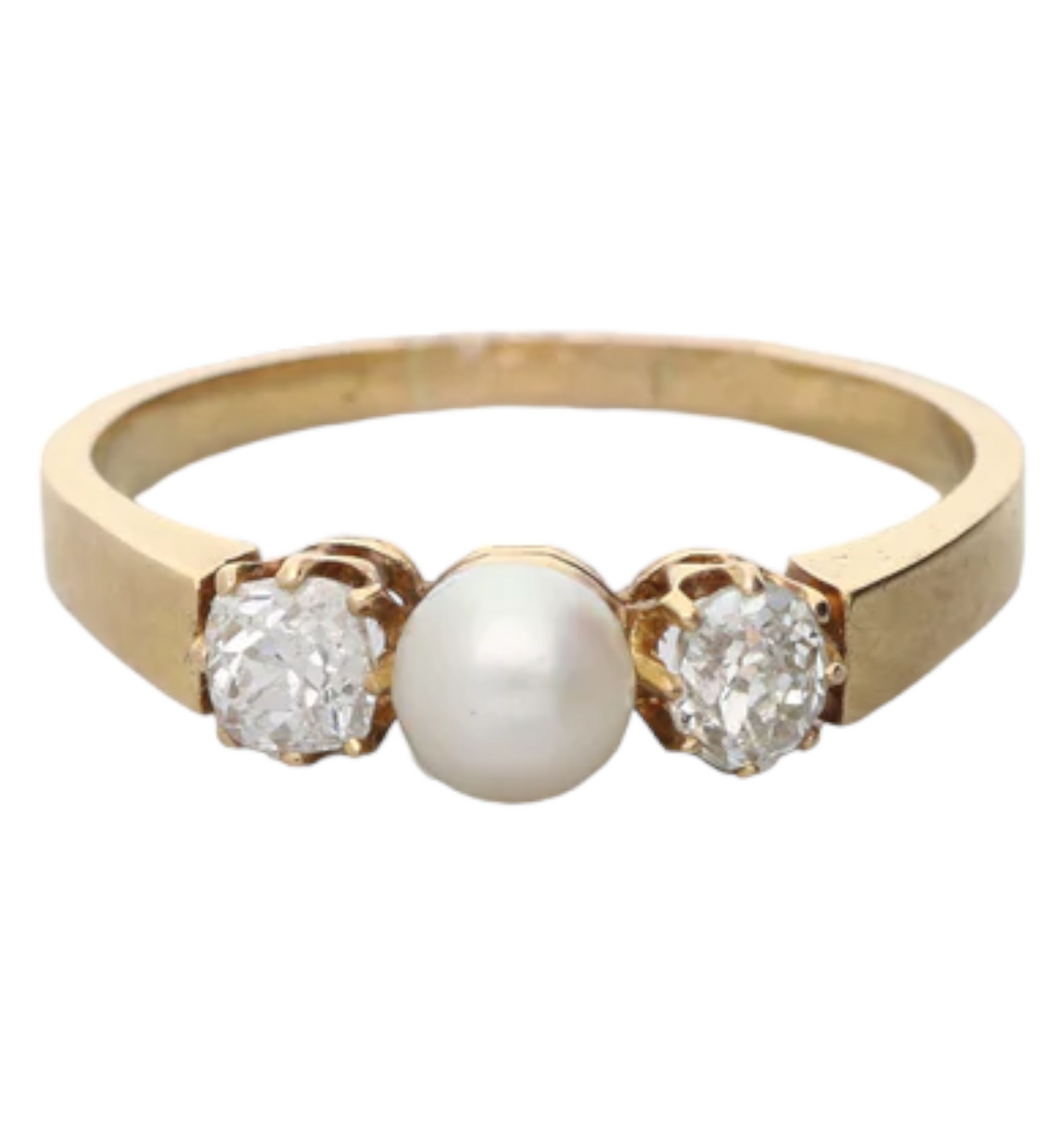 French 18ct rose gold pearl and old cut diamond 3 stone ring