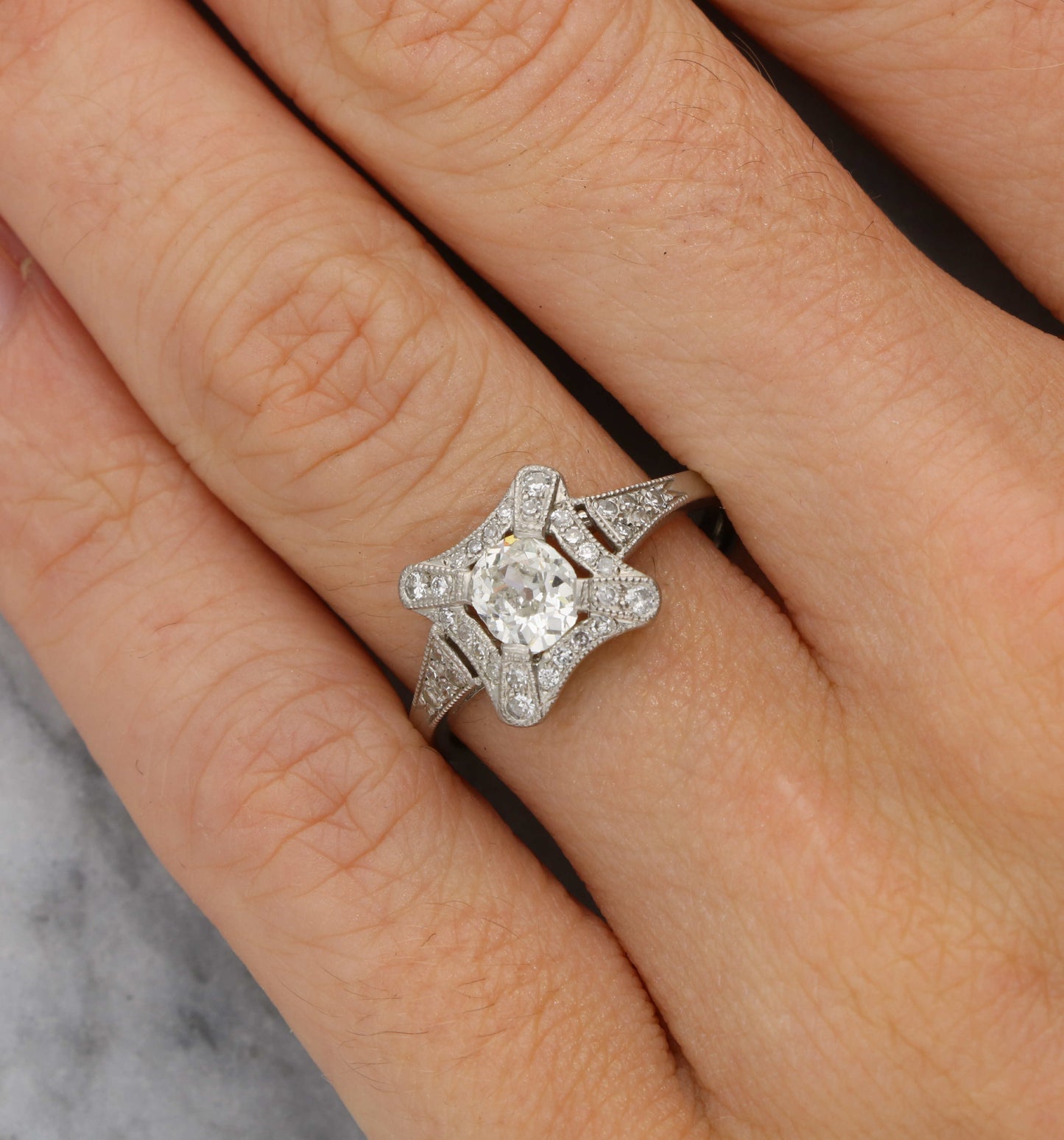 Platinum old cut diamond Art Deco style engagement ring