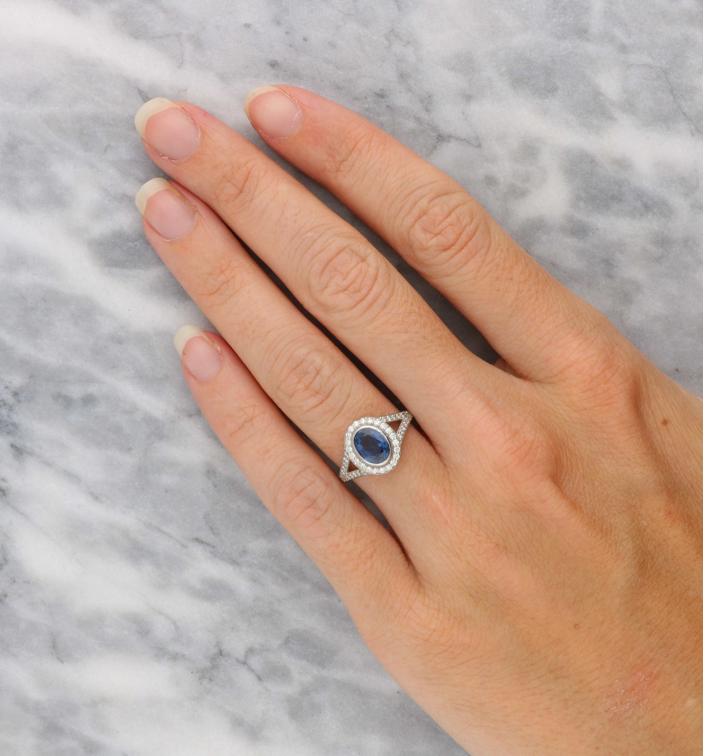 Platinum sapphire and diamond engagement ring