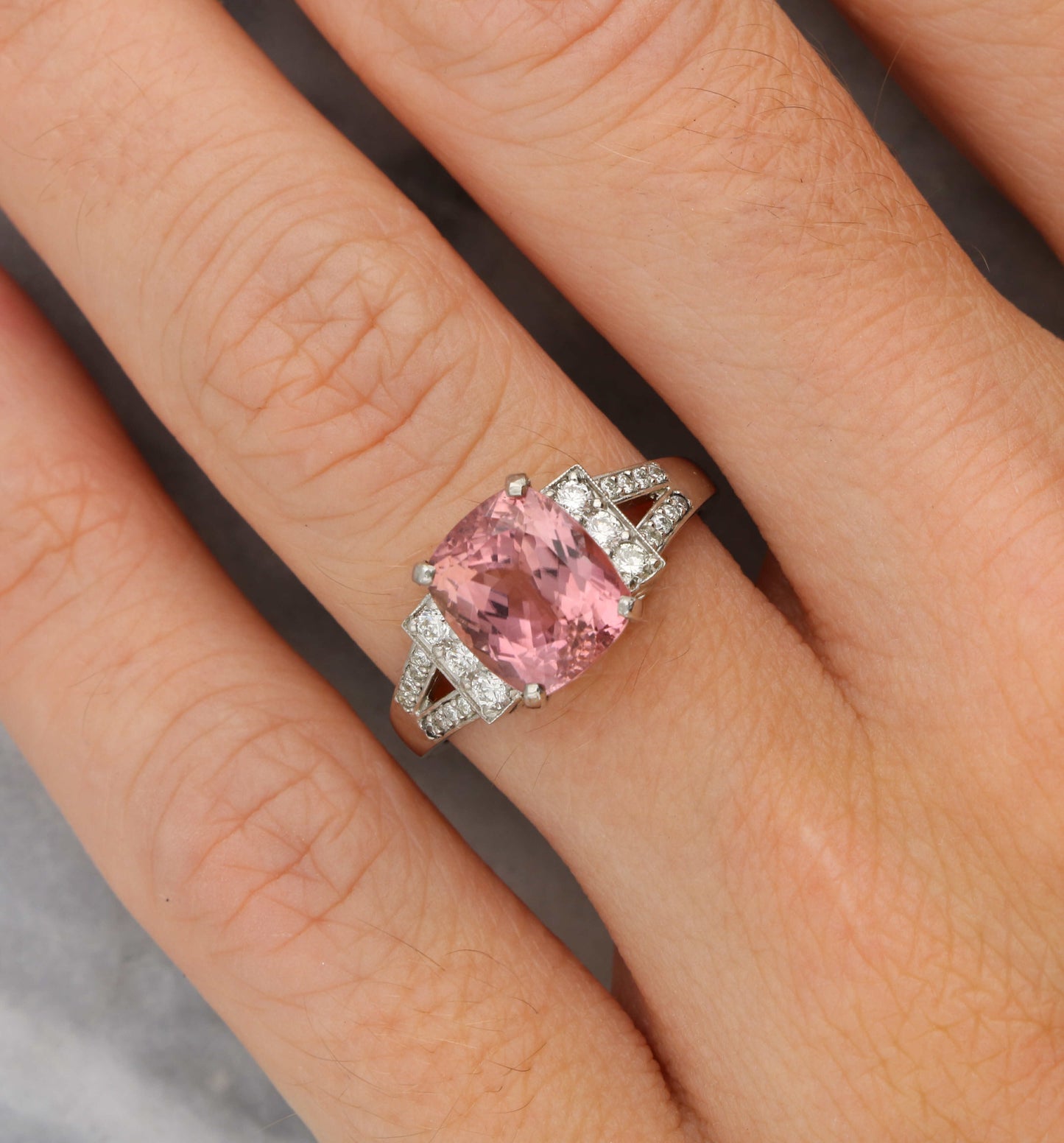Platinum pink tourmaline and diamond ring