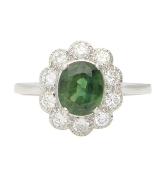 Platinum green sapphire and diamond cluster ring