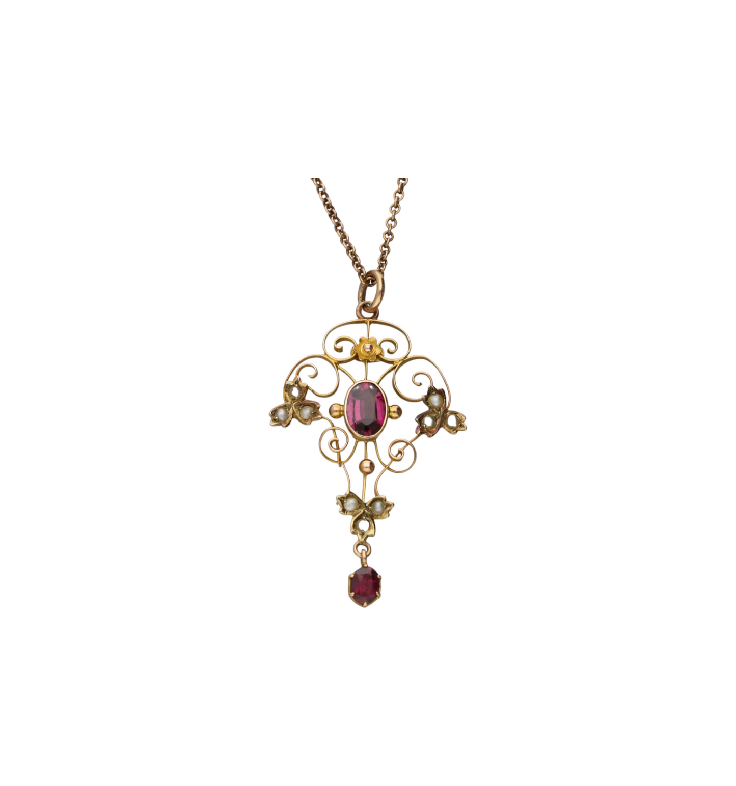 9ct garnet and pearl Art Nouveau pendant necklace