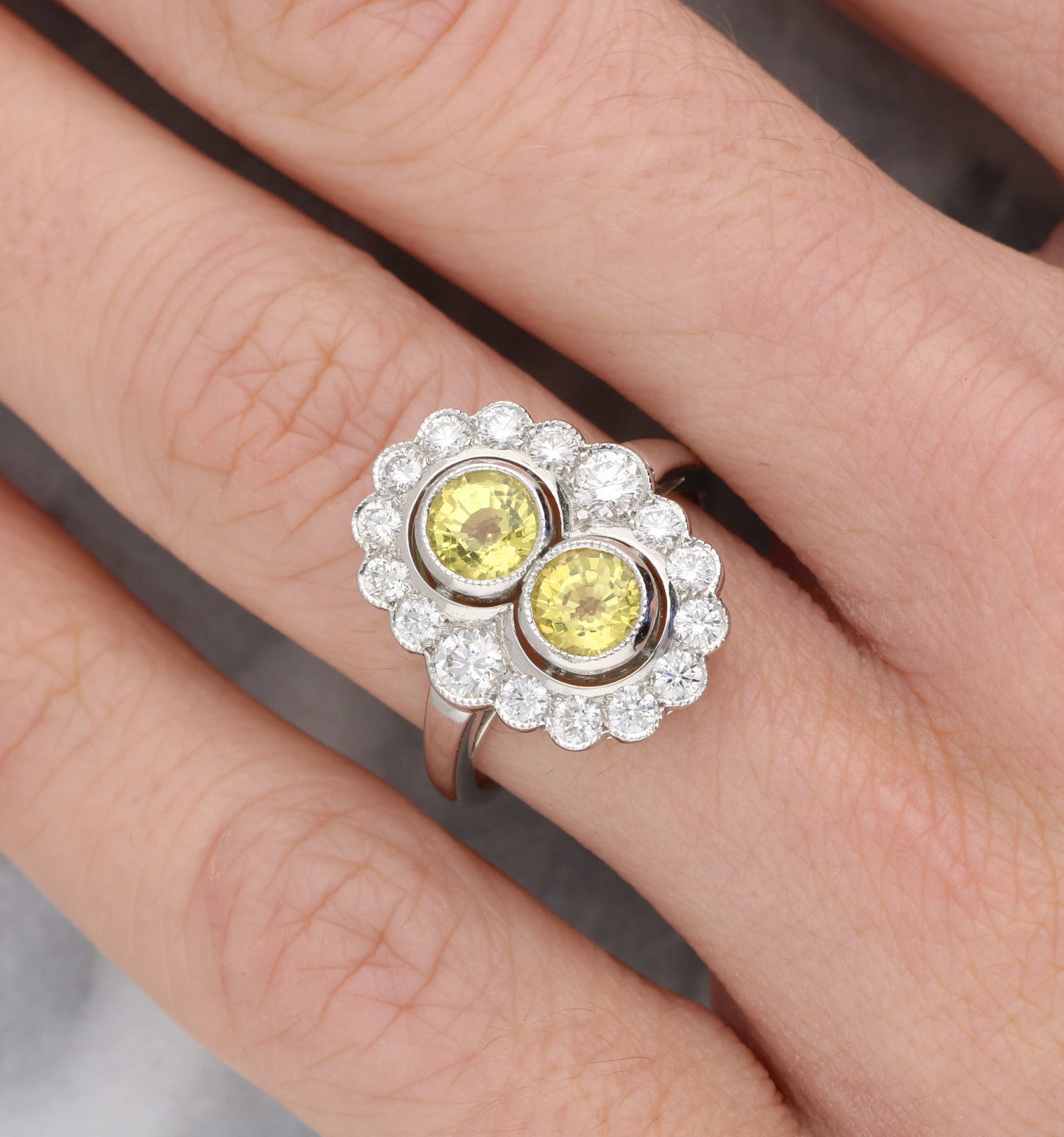 18ct 2-stone yellow sapphire diamond cluster ring