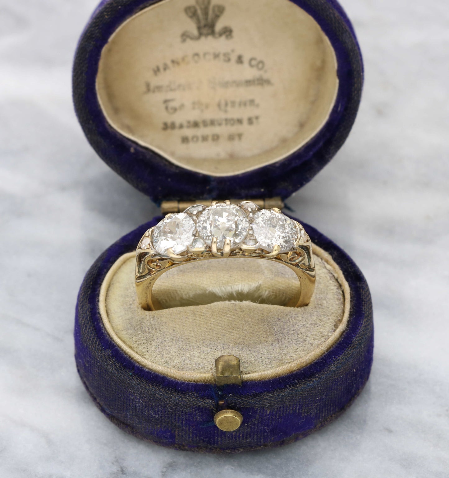 18ct 3.01ct old cut diamond 3 stone ring