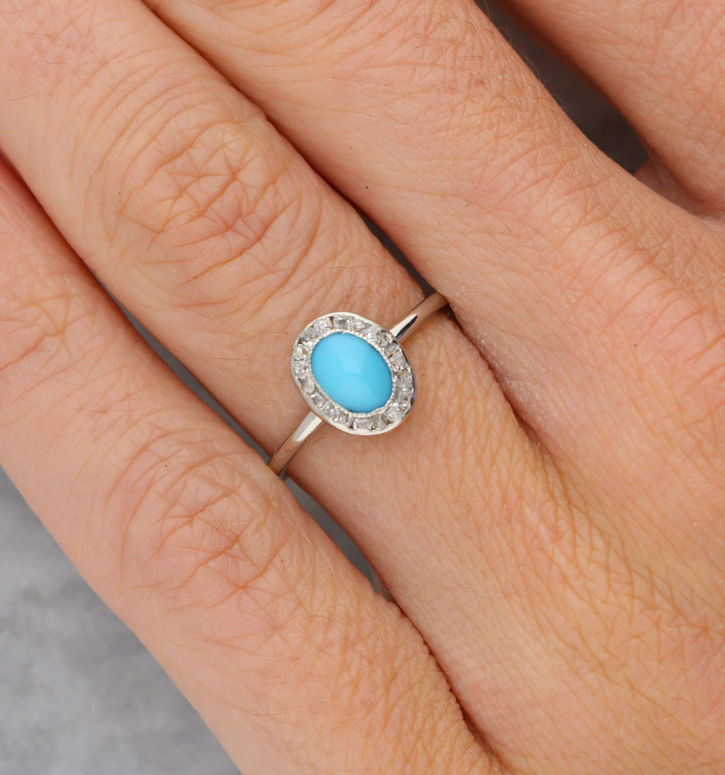 Turquoise and old cut diamond cluster ring
