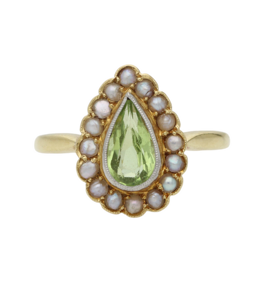 18ct and platinum peridot and pearl cluster ring
