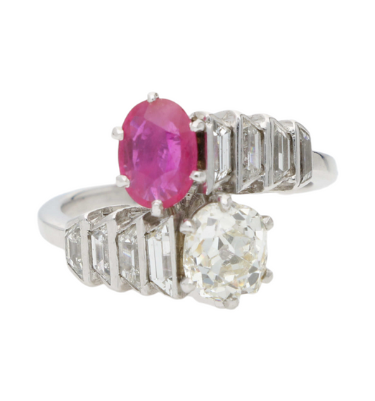 French platinum diamond and ruby Toi et Moi ring