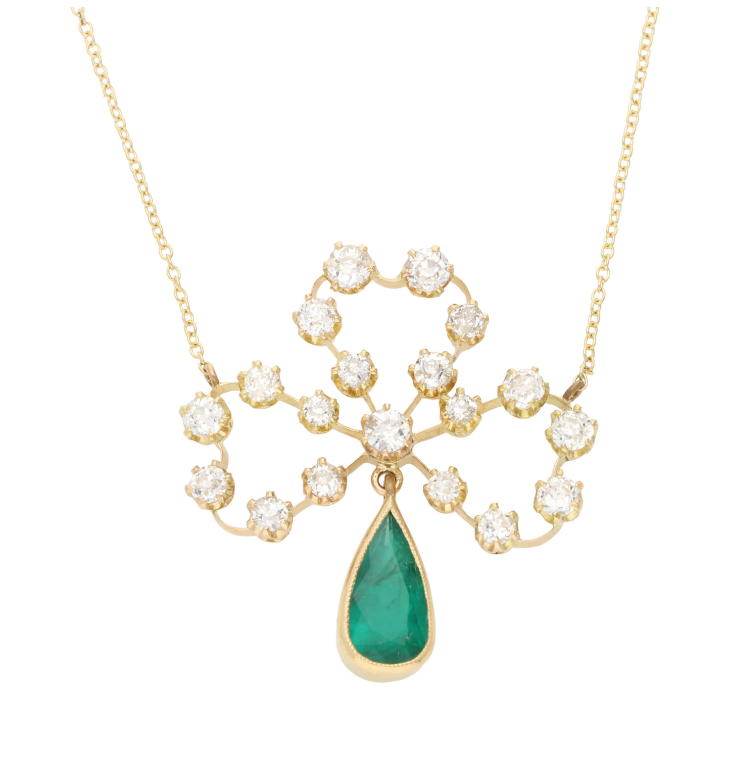 18ct emerald and old cut diamond shamrock pendant necklace