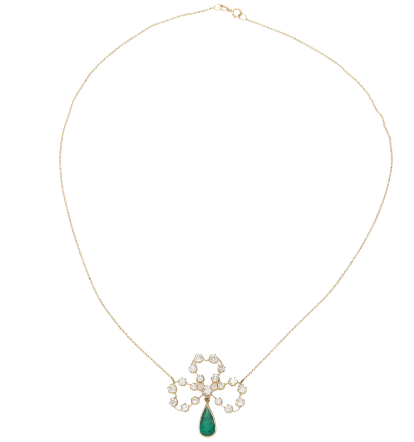 18ct emerald and old cut diamond shamrock pendant necklace