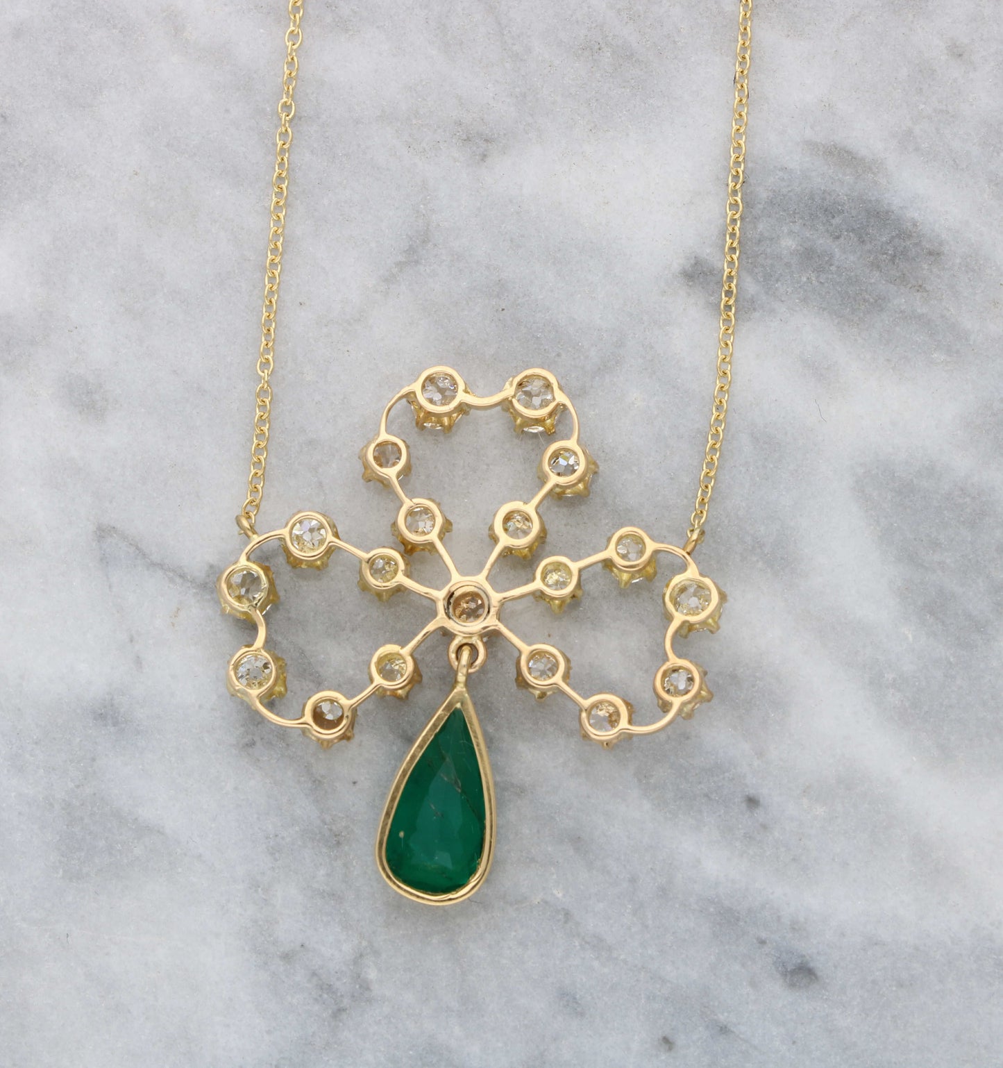 18ct emerald and old cut diamond shamrock pendant necklace