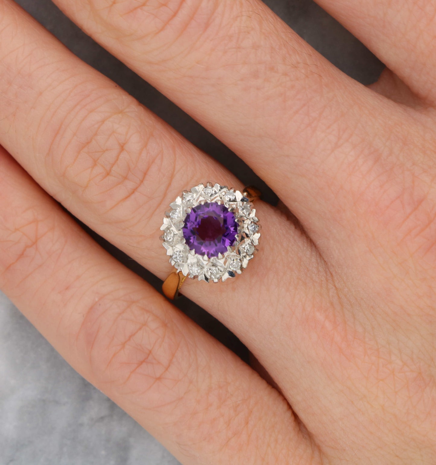 18ct amethyst and diamond cluster ring