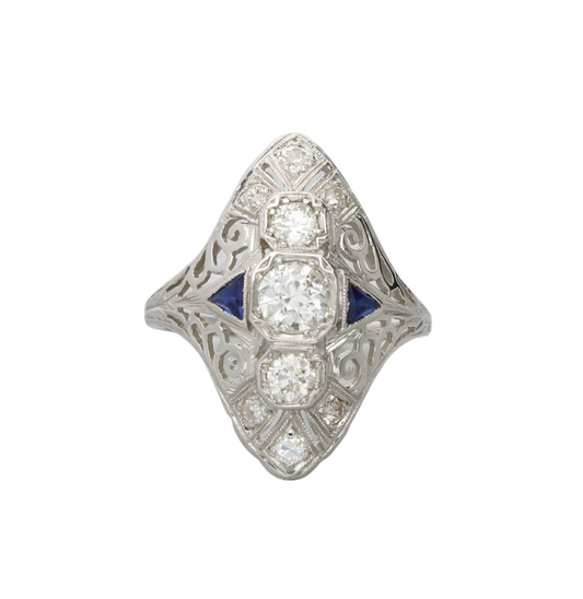 18ct old cut diamond and sapphire plaque ring