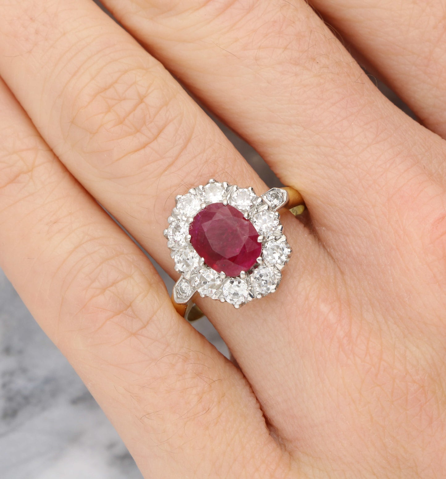 18ct ruby and old cut diamond cluster engagement ring