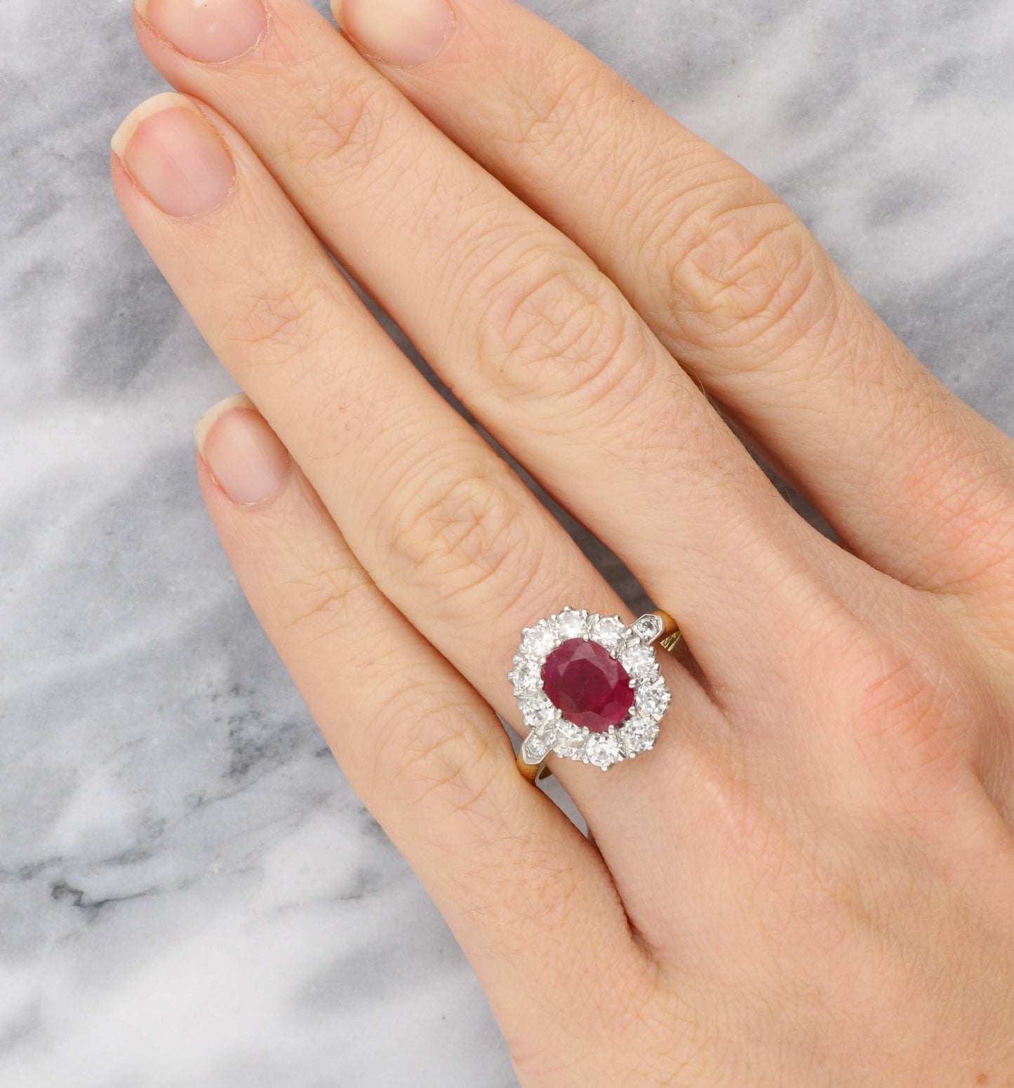 18ct ruby and old cut diamond cluster engagement ring