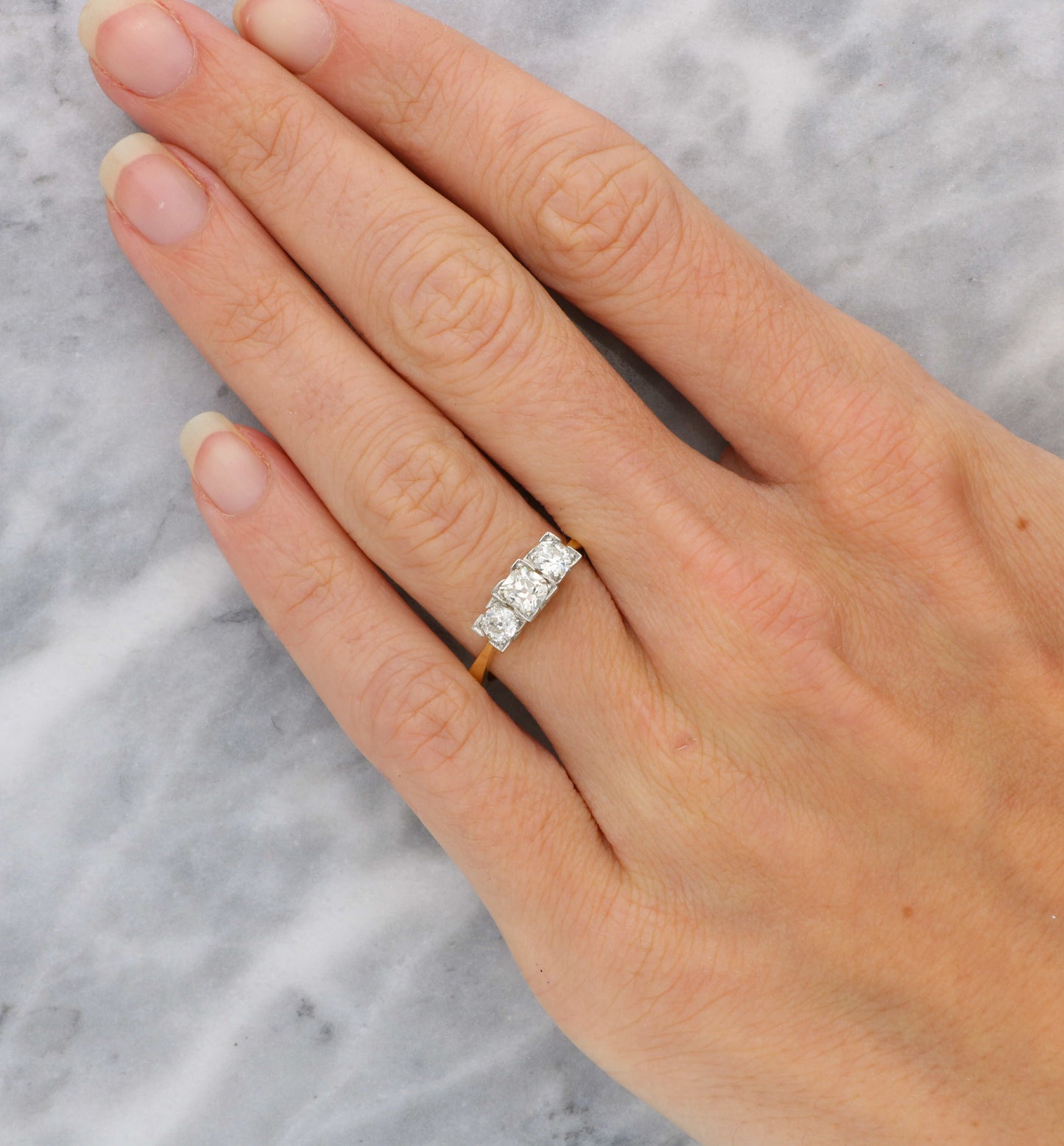 18ct old cut diamond 3 stone engagement ring