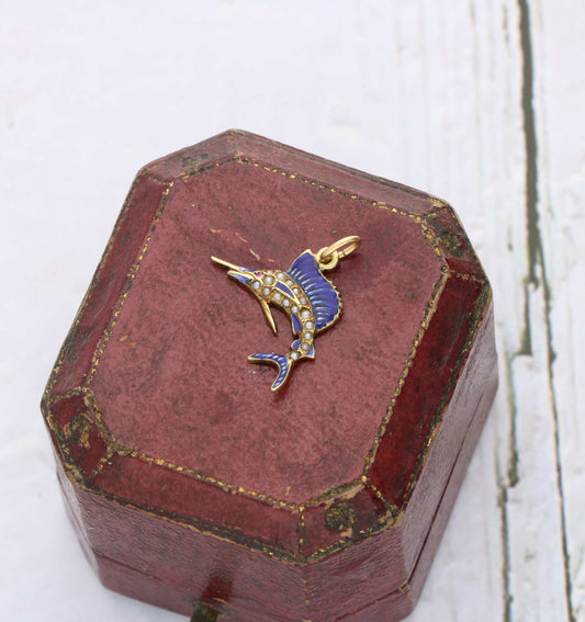 Pearl, ruby and enamel swordfish charm