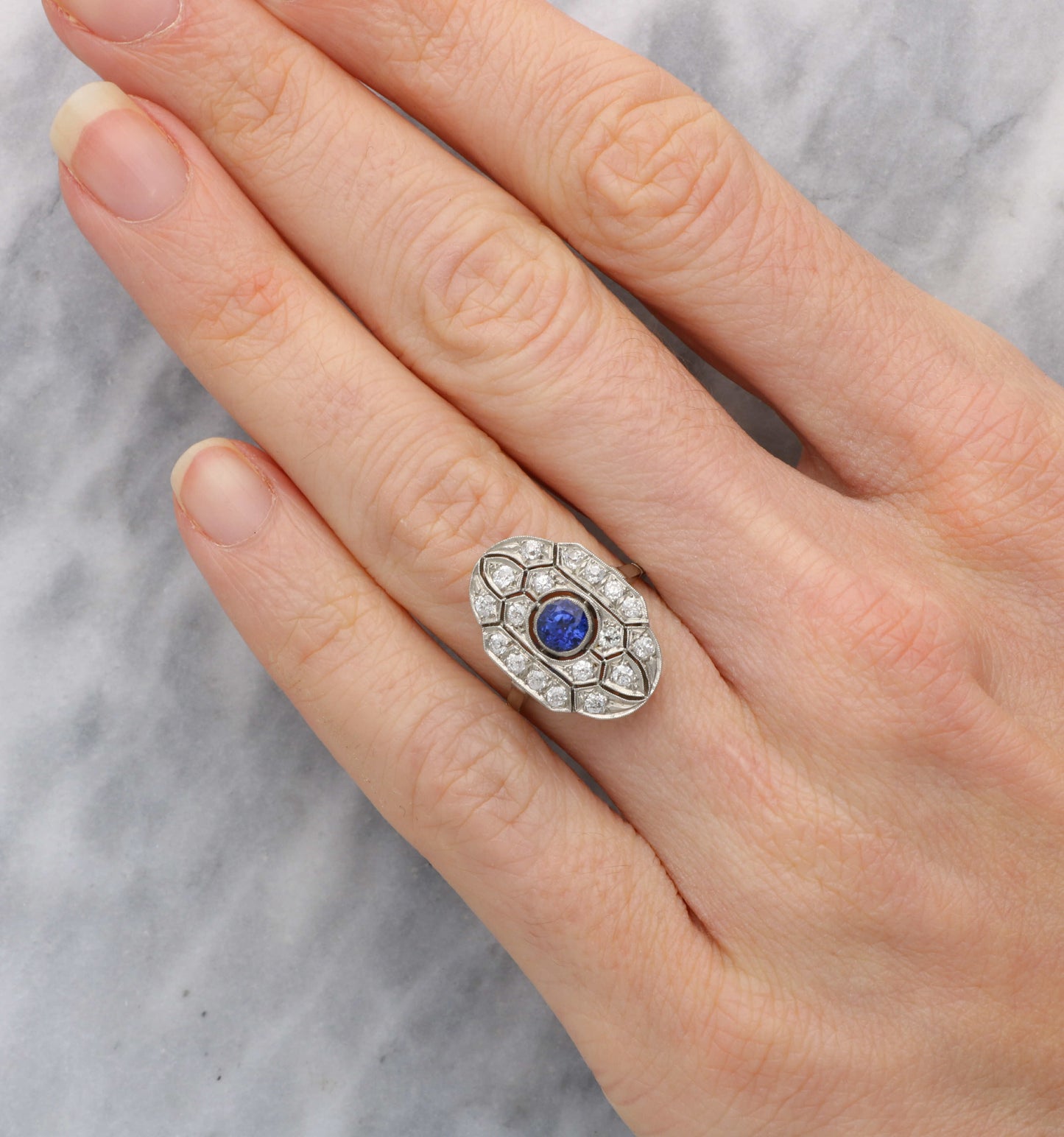 Sapphire and old cut diamond plaque ring
