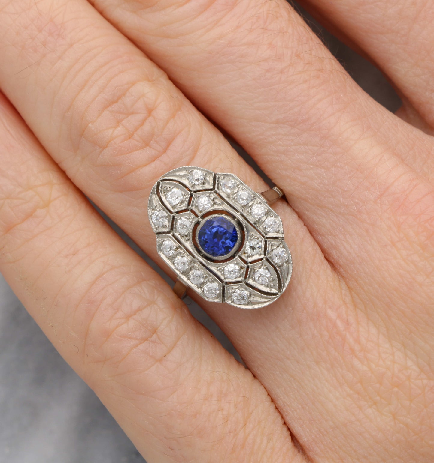 Sapphire and old cut diamond plaque ring