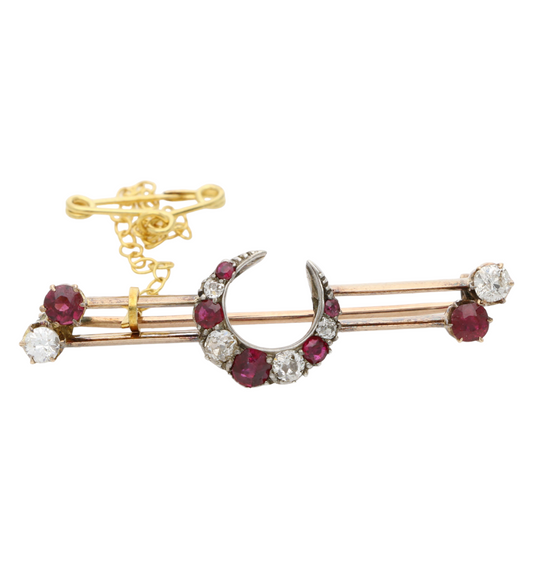Ruby and old cut diamond crescent brooch