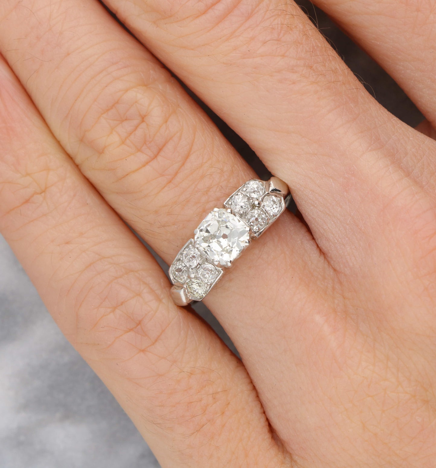 Platinum GIA 0.91ct old cut cushion diamond engagement ring