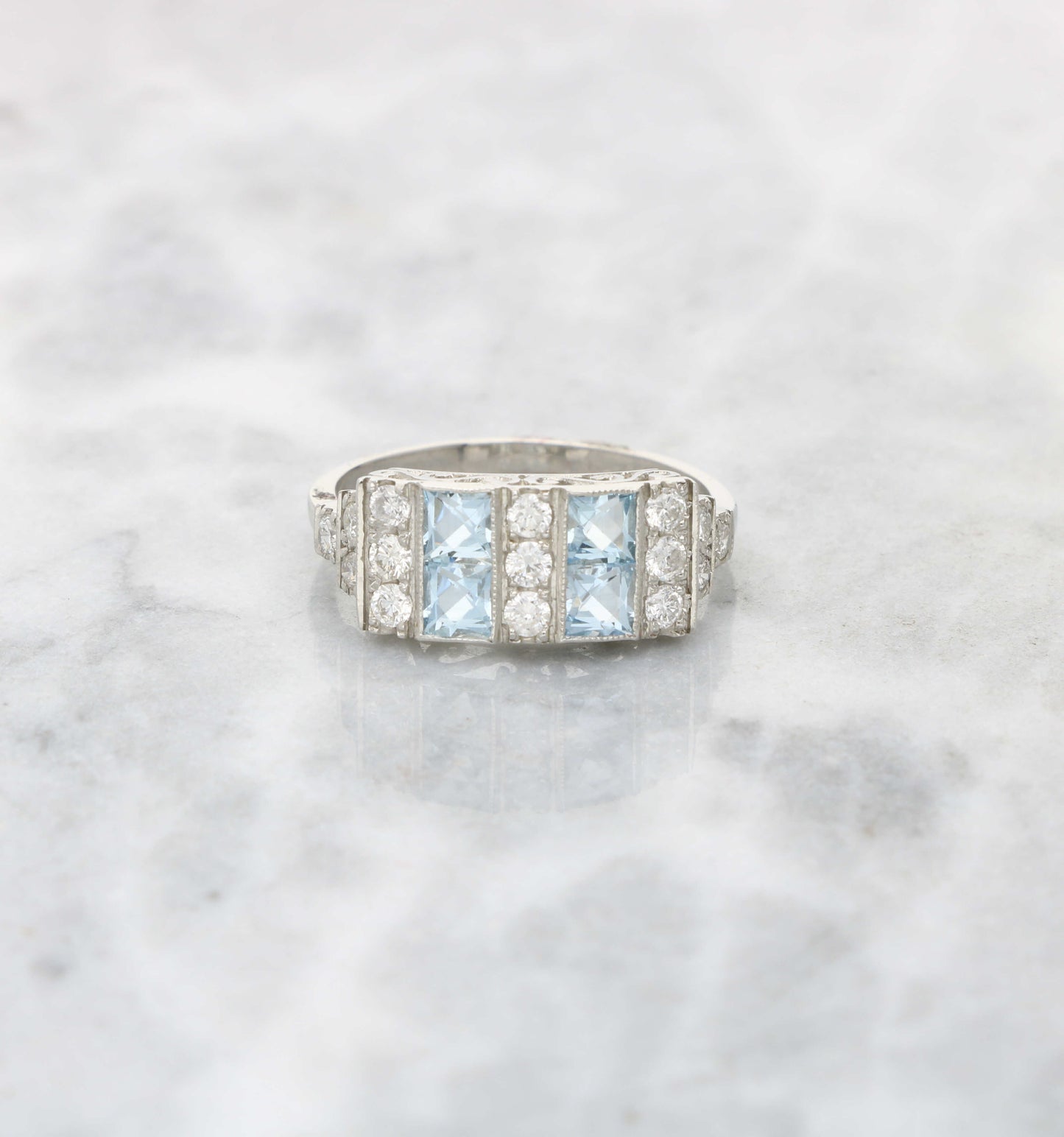 Platinum aquamarine and diamond Art Deco style ring