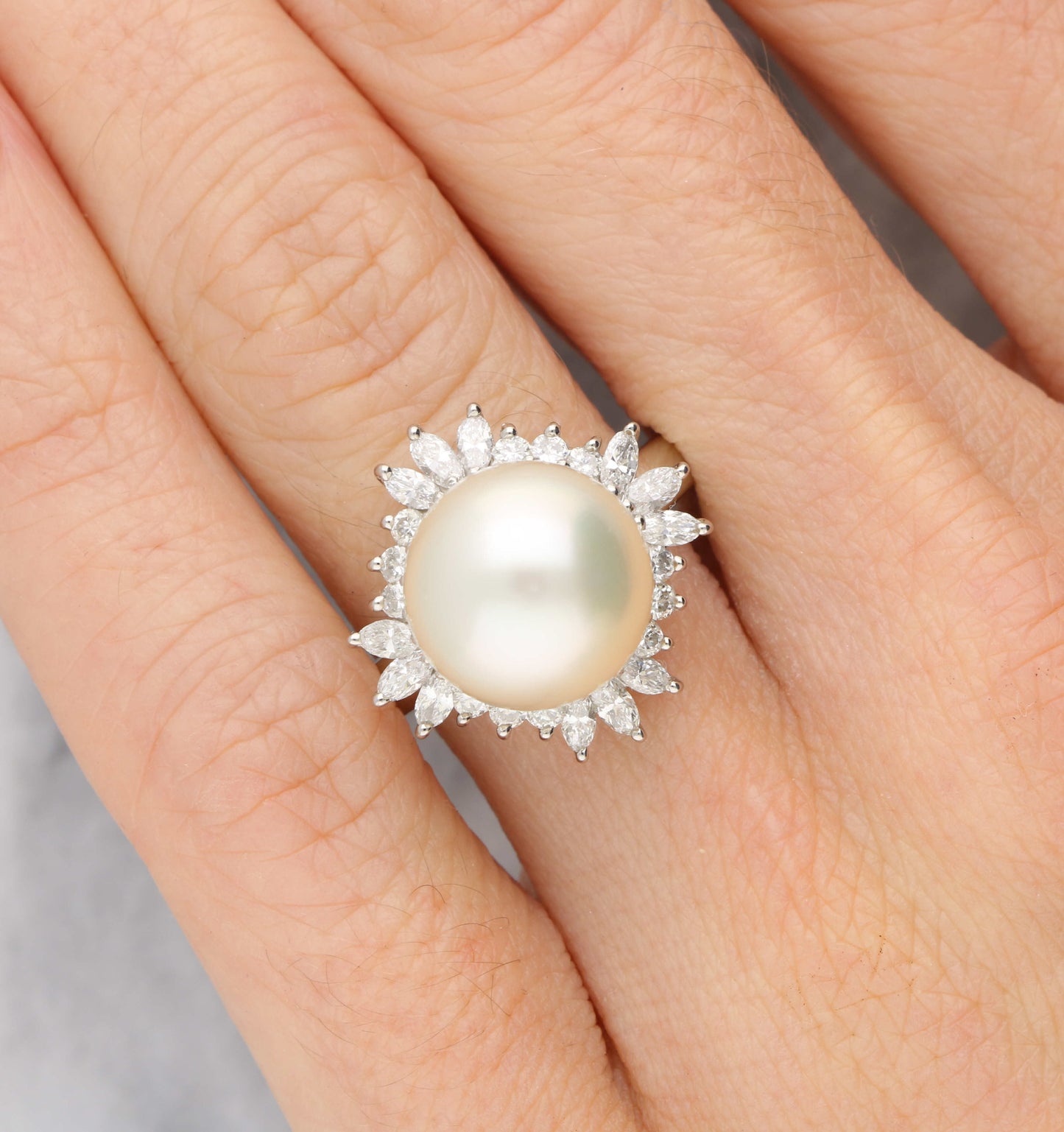 Platinum pearl and diamond cocktail ring