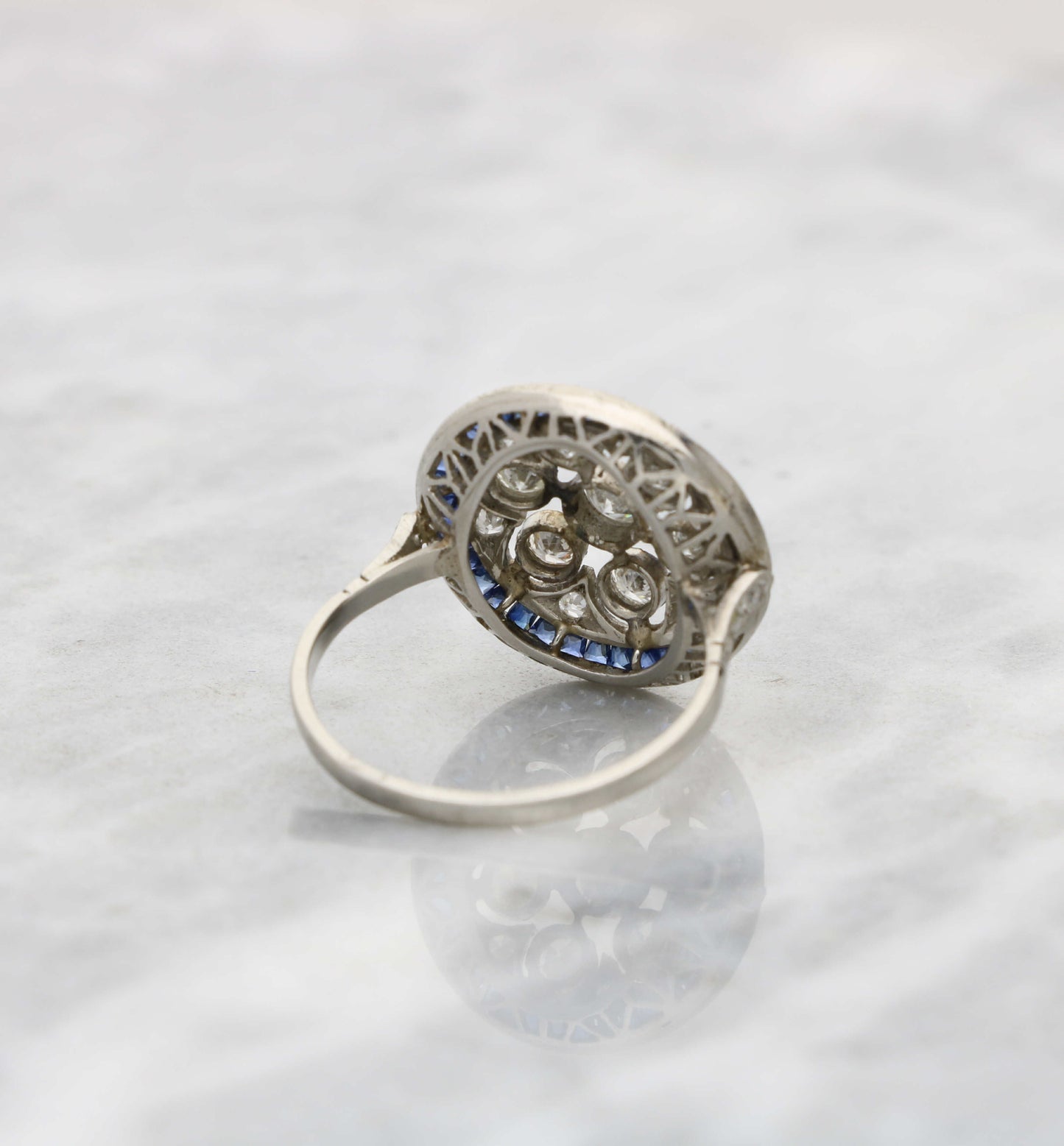 Platinum diamond and sapphire cluster ring