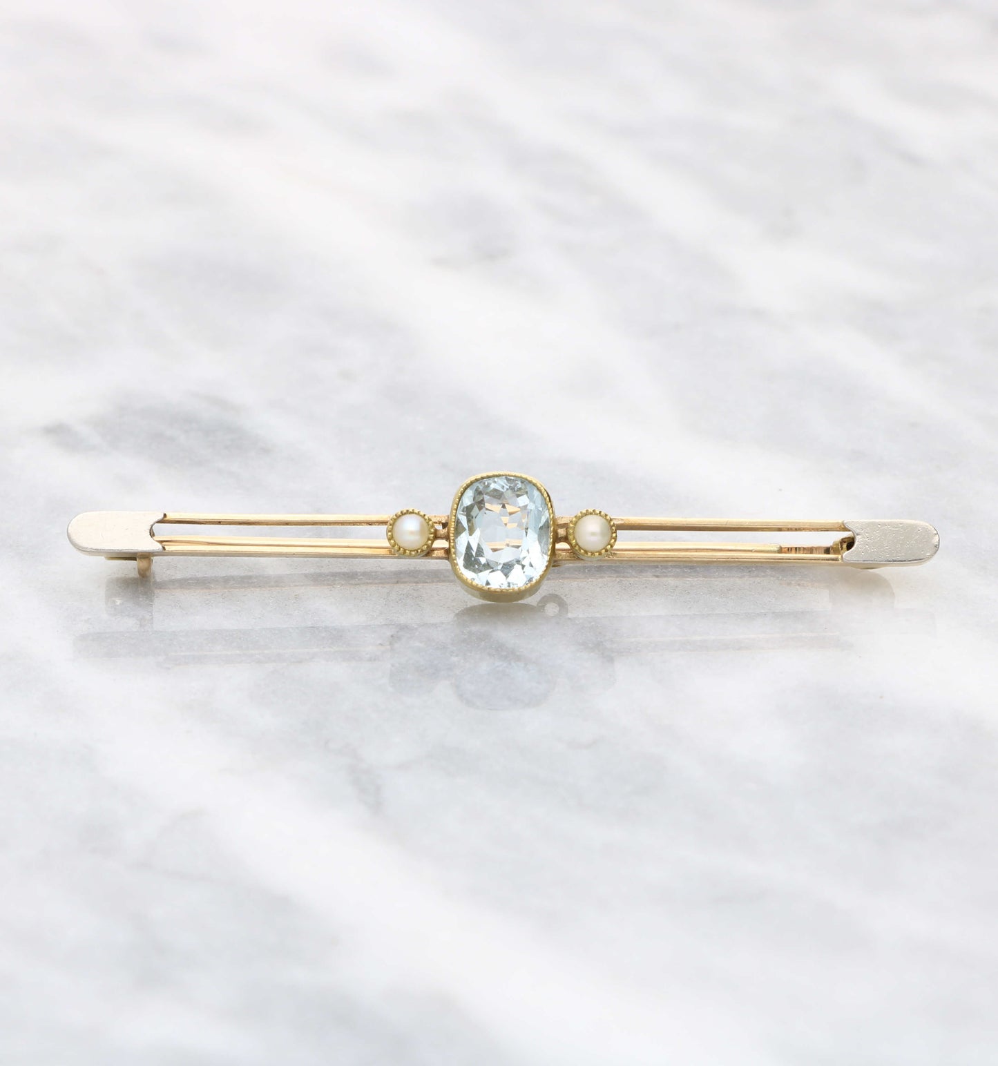 15ct rose gold aquamarine and pearl brooch