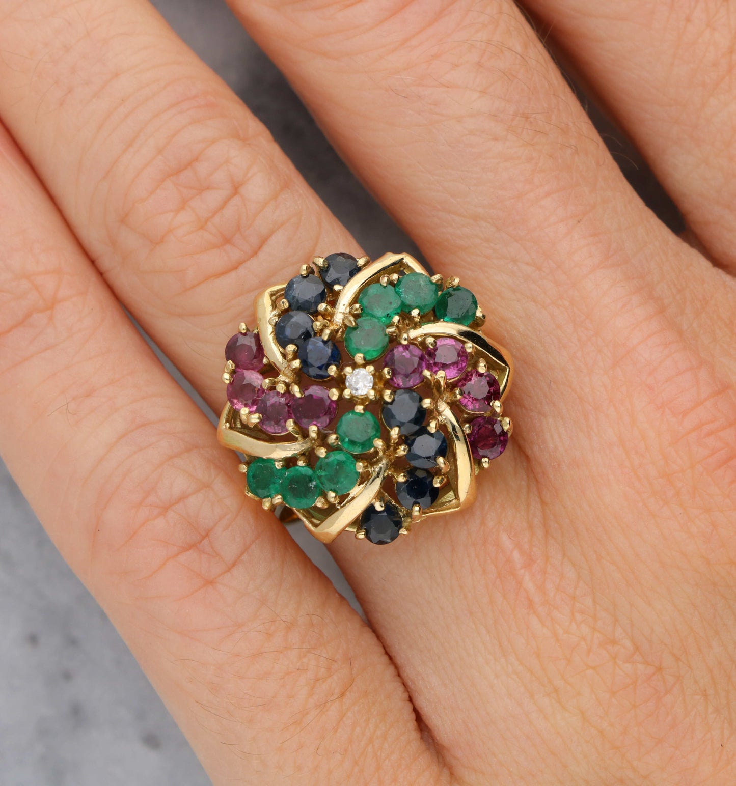 Diamond, emerald, ruby and sapphire cocktail ring