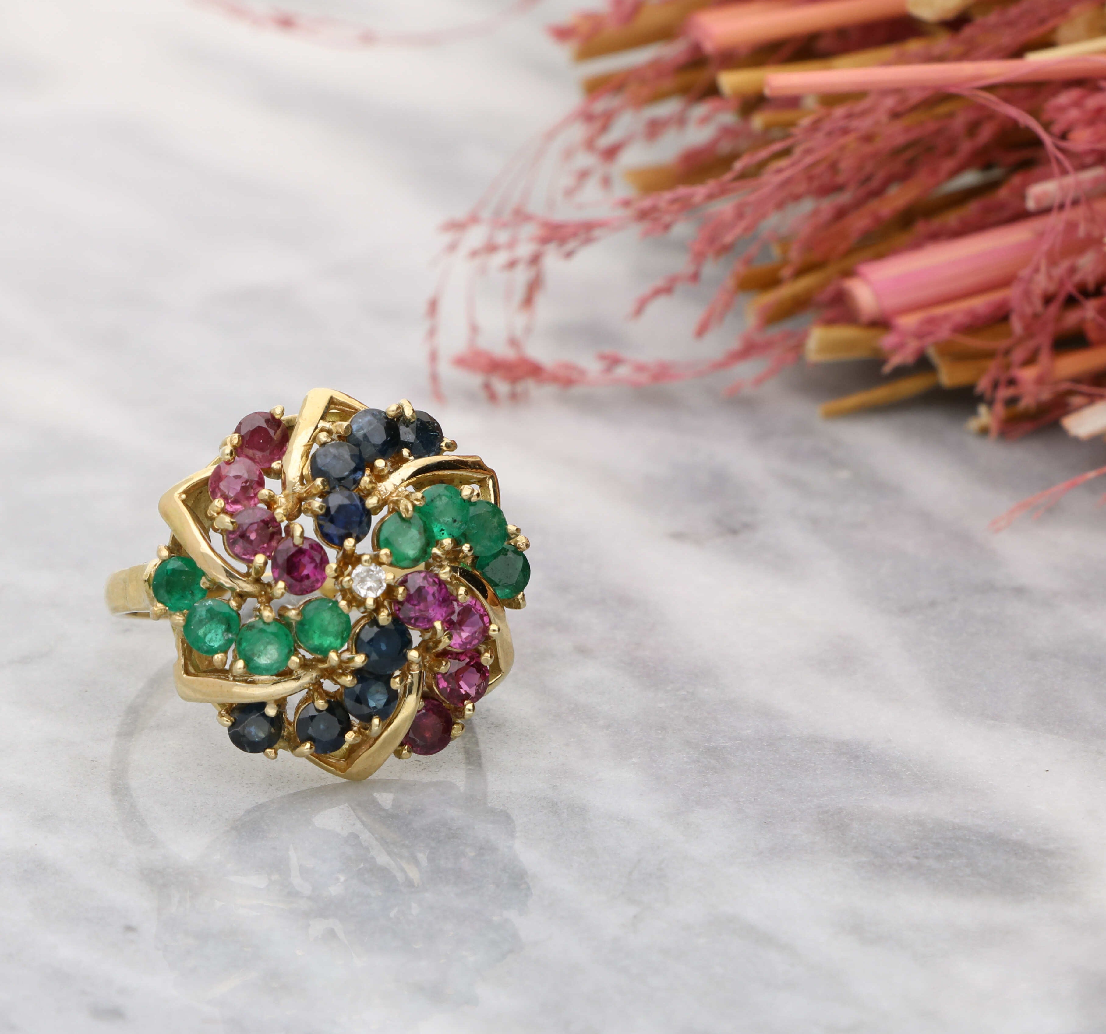 Diamond, emerald, ruby and sapphire cocktail ring – Wave Antiques