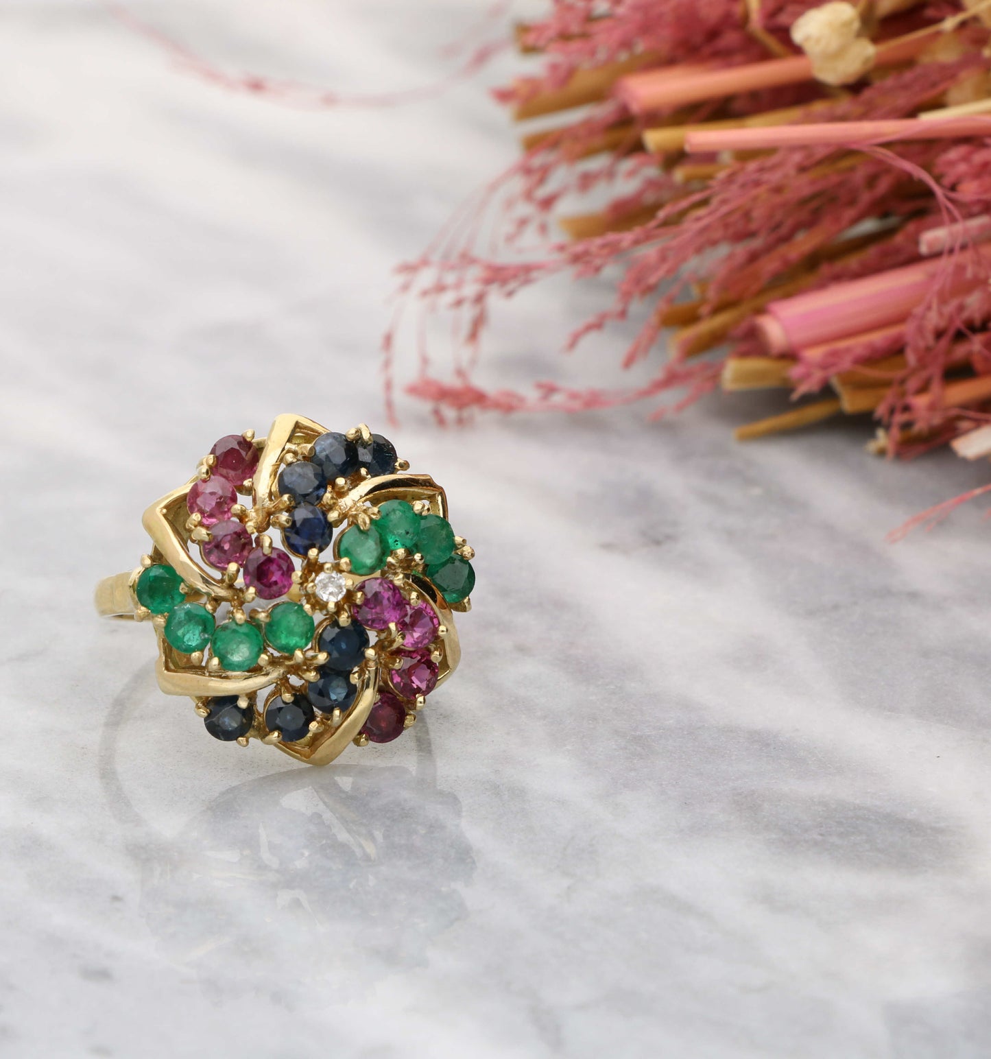 Diamond, emerald, ruby and sapphire cocktail ring