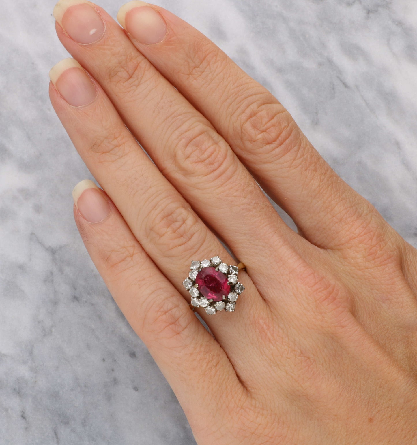 14ct pink tourmaline and diamond cluster ring