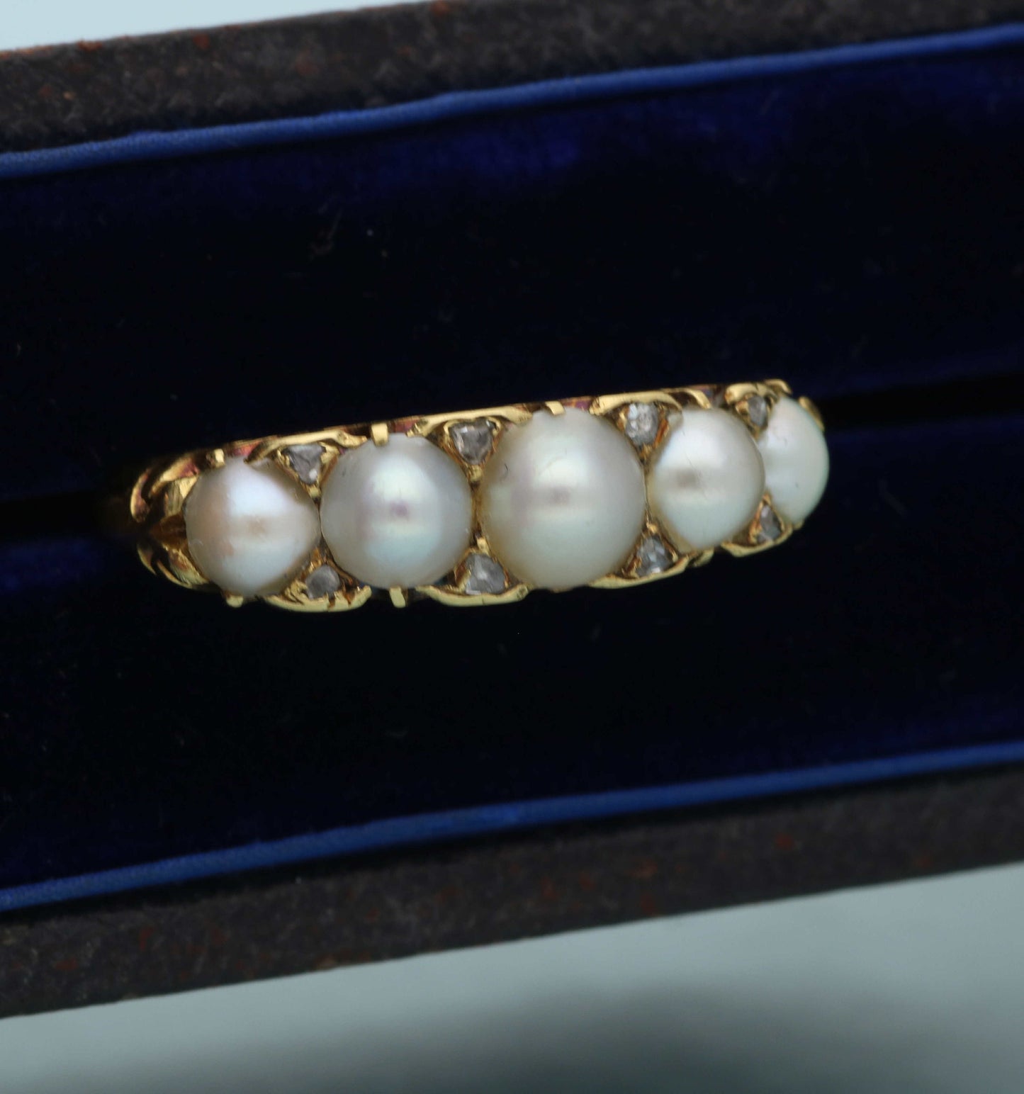Victorian 18ct pearl and rose cut diamond carved head ring.