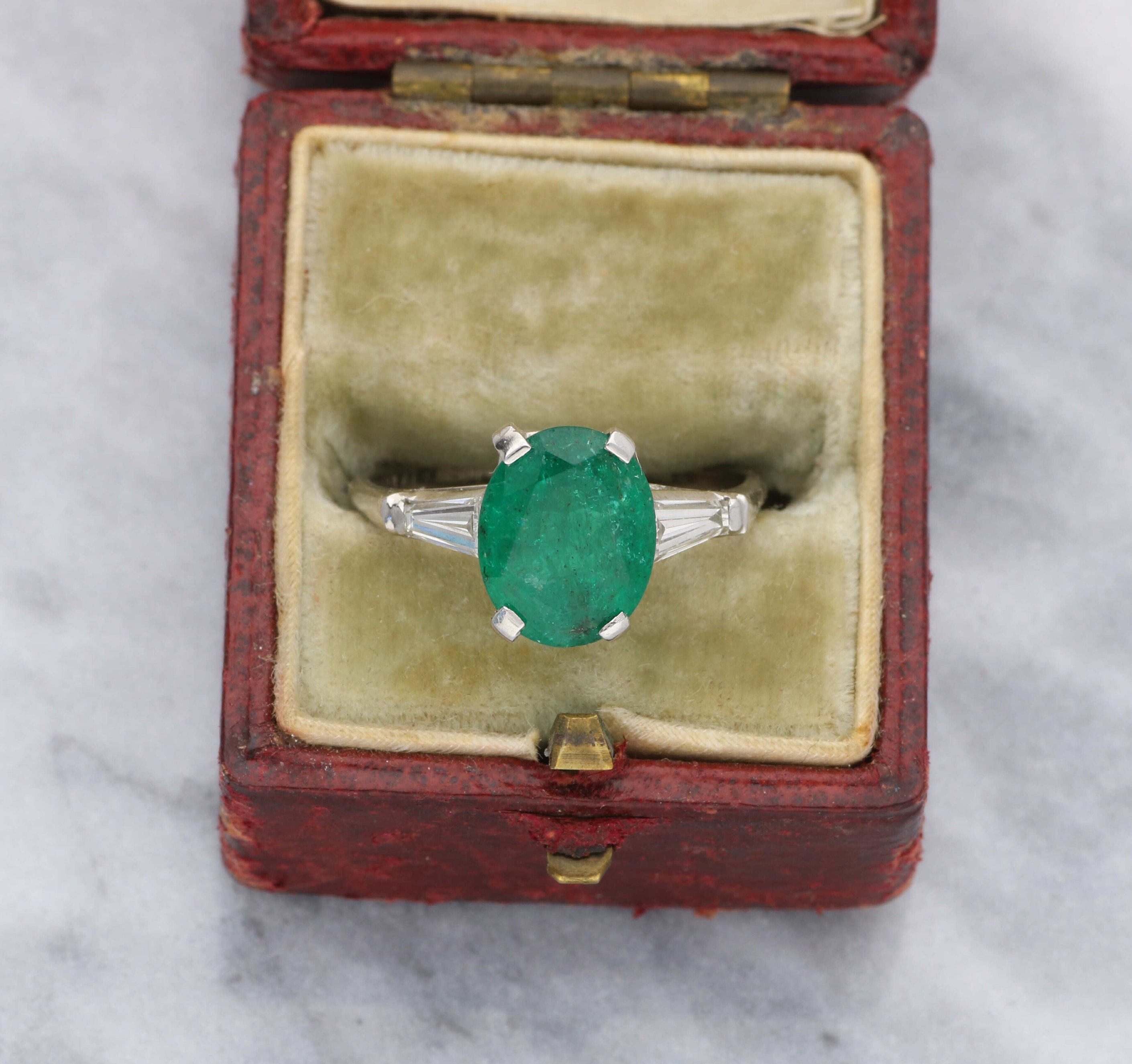 Platinum emerald and diamond engagement ring – Wave Antiques